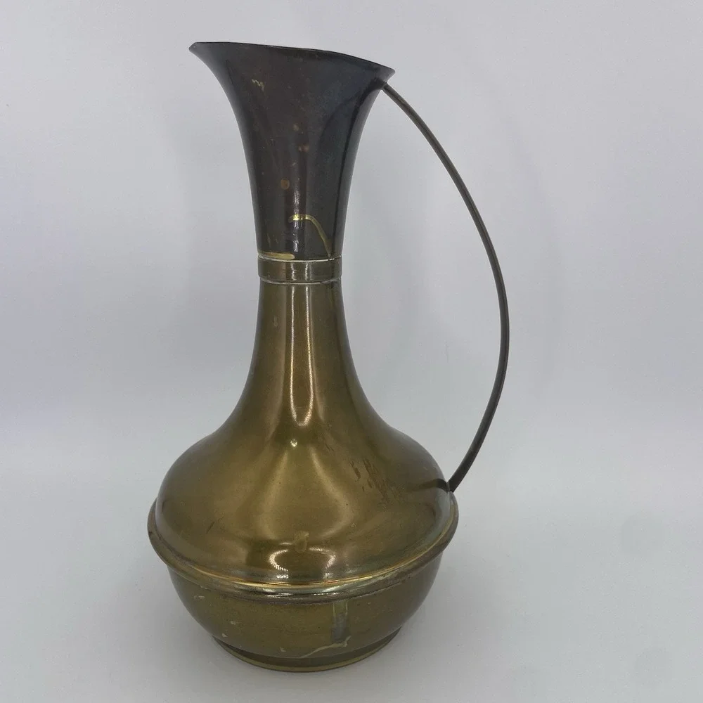 Vintage MCM  Brass Water Pitcher Vase Decanter With Curved Handle 9.5